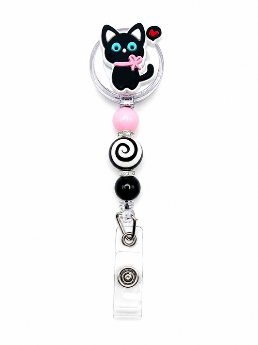 Black Cat Love Badge Reel - Pink, Black & Swirl Beaded Retractable ID Holder