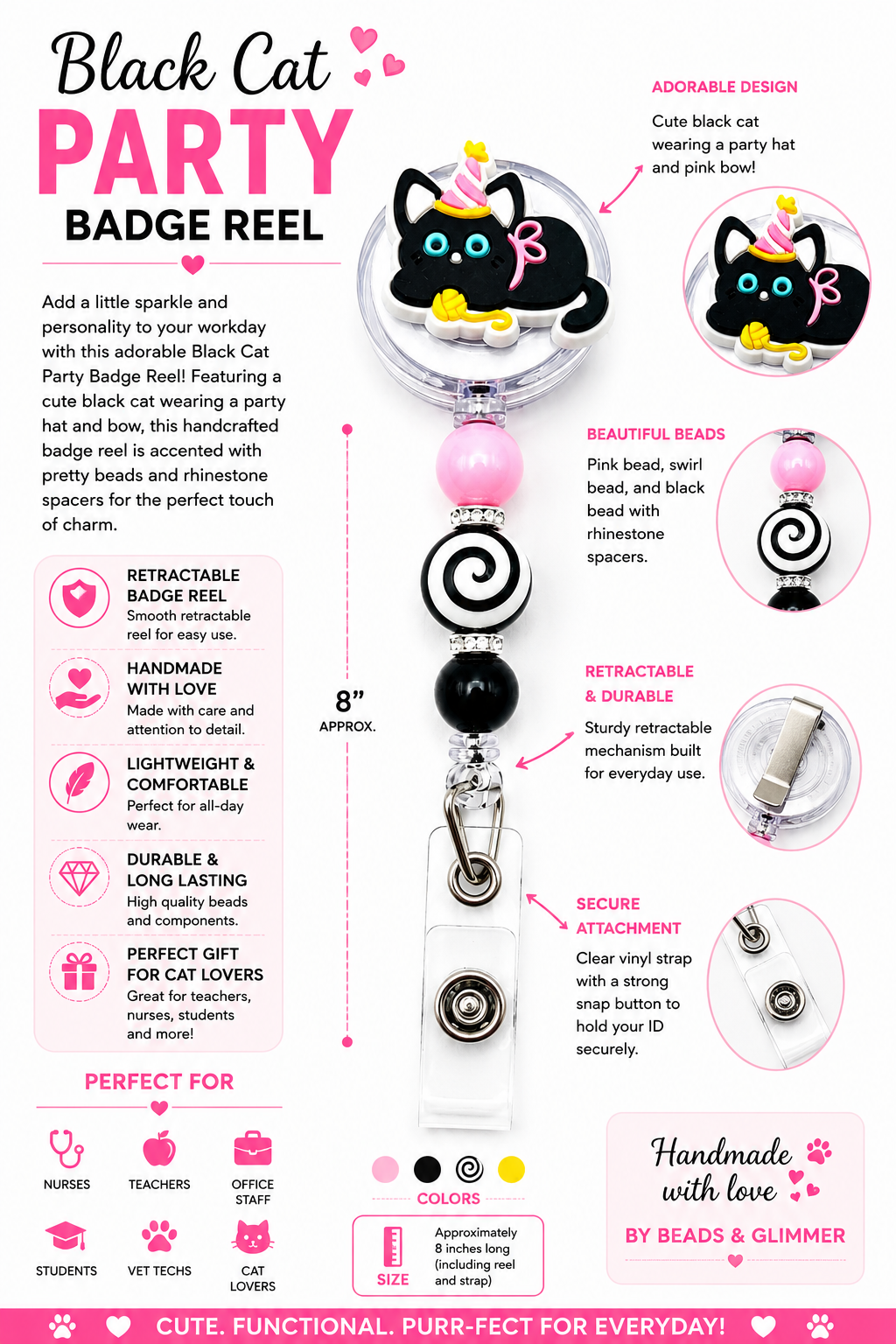 Black Cat Party Badge Reel - Pink, Black & Swirl Beaded Retractable ID Holder