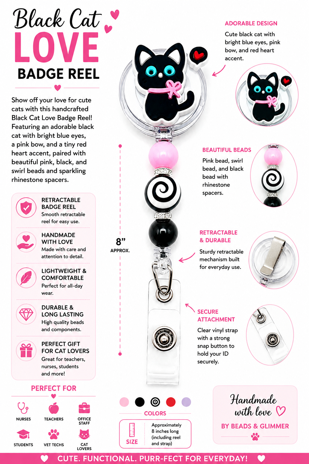 Black Cat Love Badge Reel - Pink, Black & Swirl Beaded Retractable ID Holder