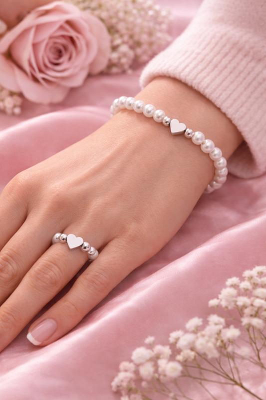 Pearl Beaded Heart Bracelet & Ring Set
