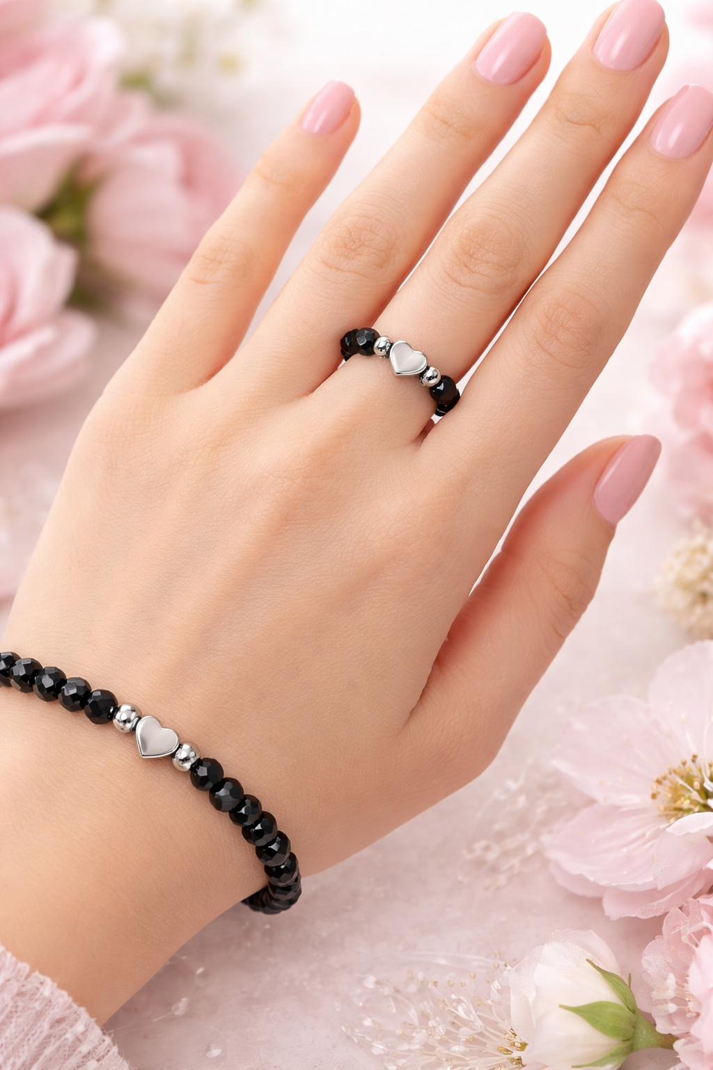 Black Beaded Heart Bracelet & Ring Set