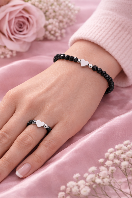 Black Beaded Heart Bracelet & Ring Set