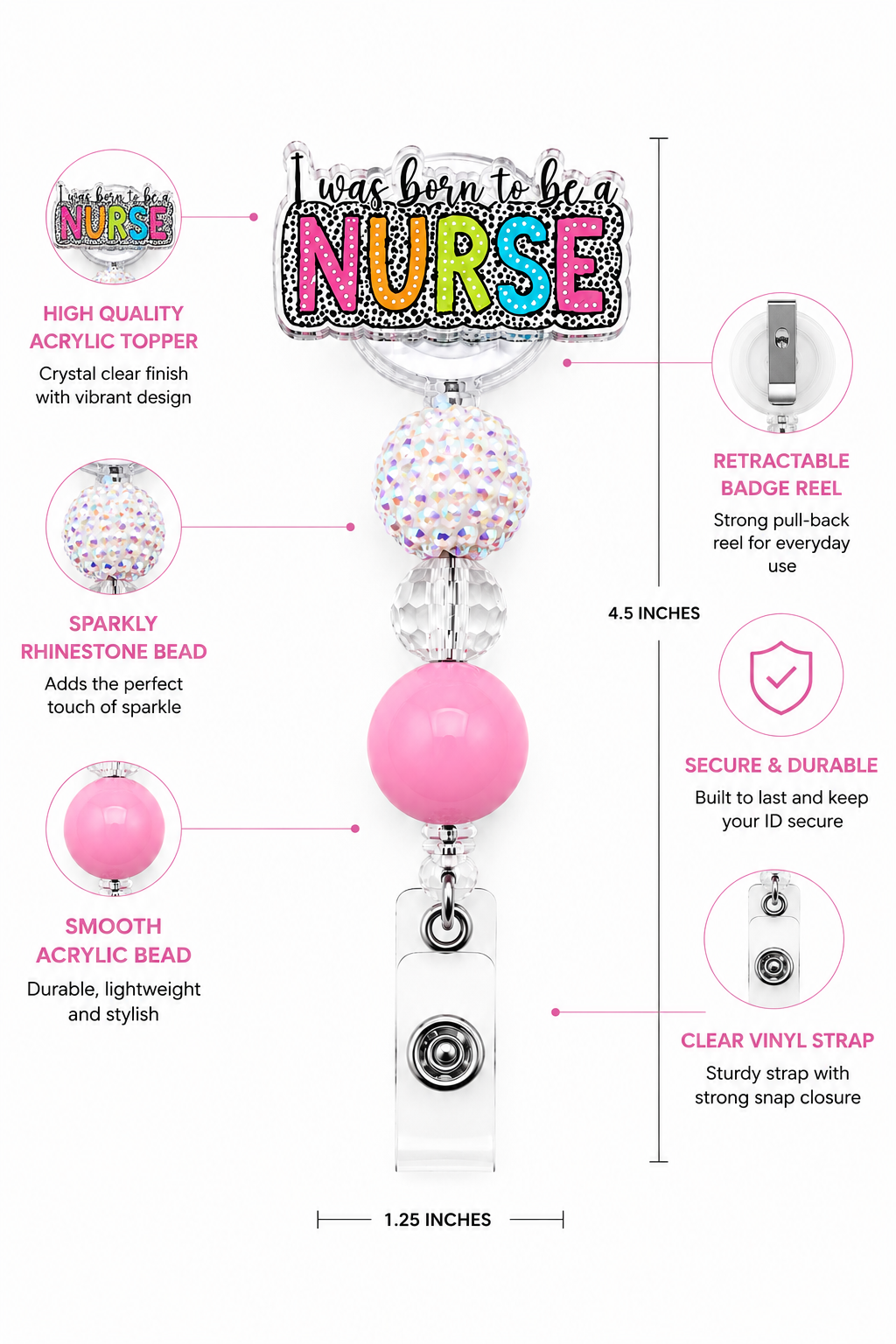 I Was Born to Be a Nurse Badge Reel - Handmade Pink & Sparkle Retractable ID Holder