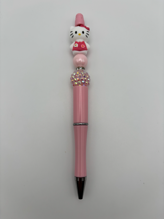Hello Kitty Pink Beaded Pen with Sparkly Bead - Cute Handmade Hello Kitty Ballpoint Pen