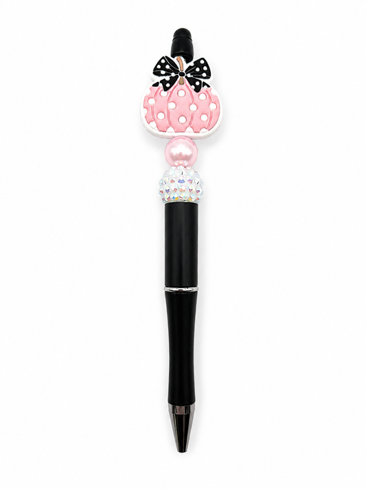 Pink Sparkle Pumpkin Beaded Pen with Bow - Cute Fall & Halloween Pen