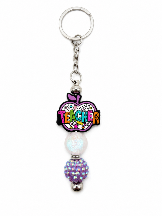 Teacher Apple Keychain - Purple Rhinestone Beaded Teacher Gift Charm