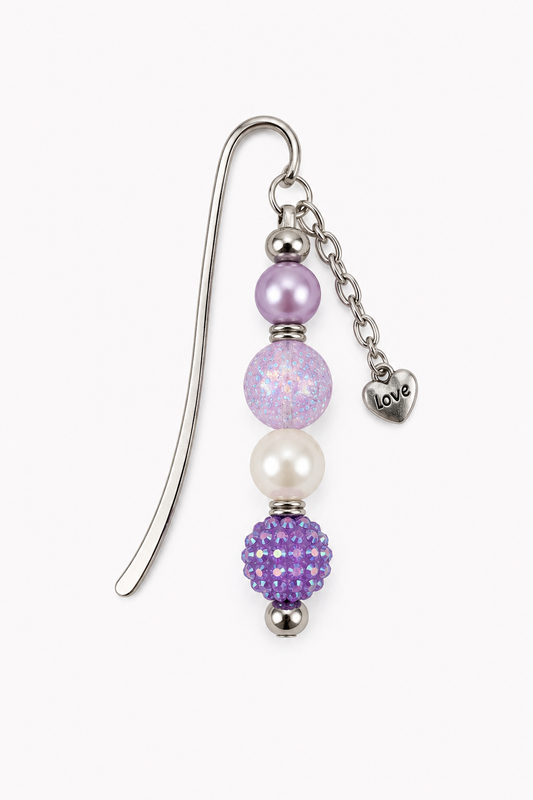 Purple Pearl Beaded Bookmark with Heart Charm
