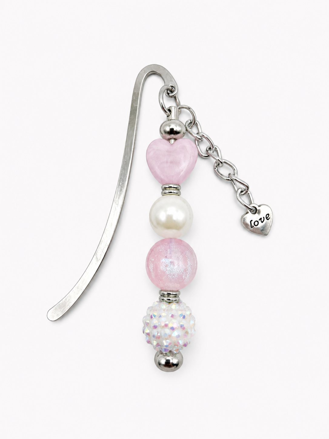 Pink Heart Beaded Bookmark - Handmade Pearl & Crystal Book Lover Gift