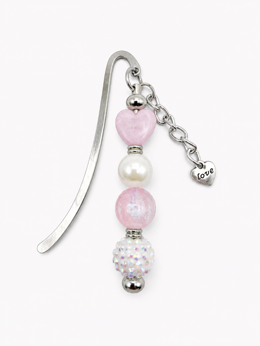 Pink Heart Beaded Bookmark - Handmade Pearl & Crystal Book Lover Gift