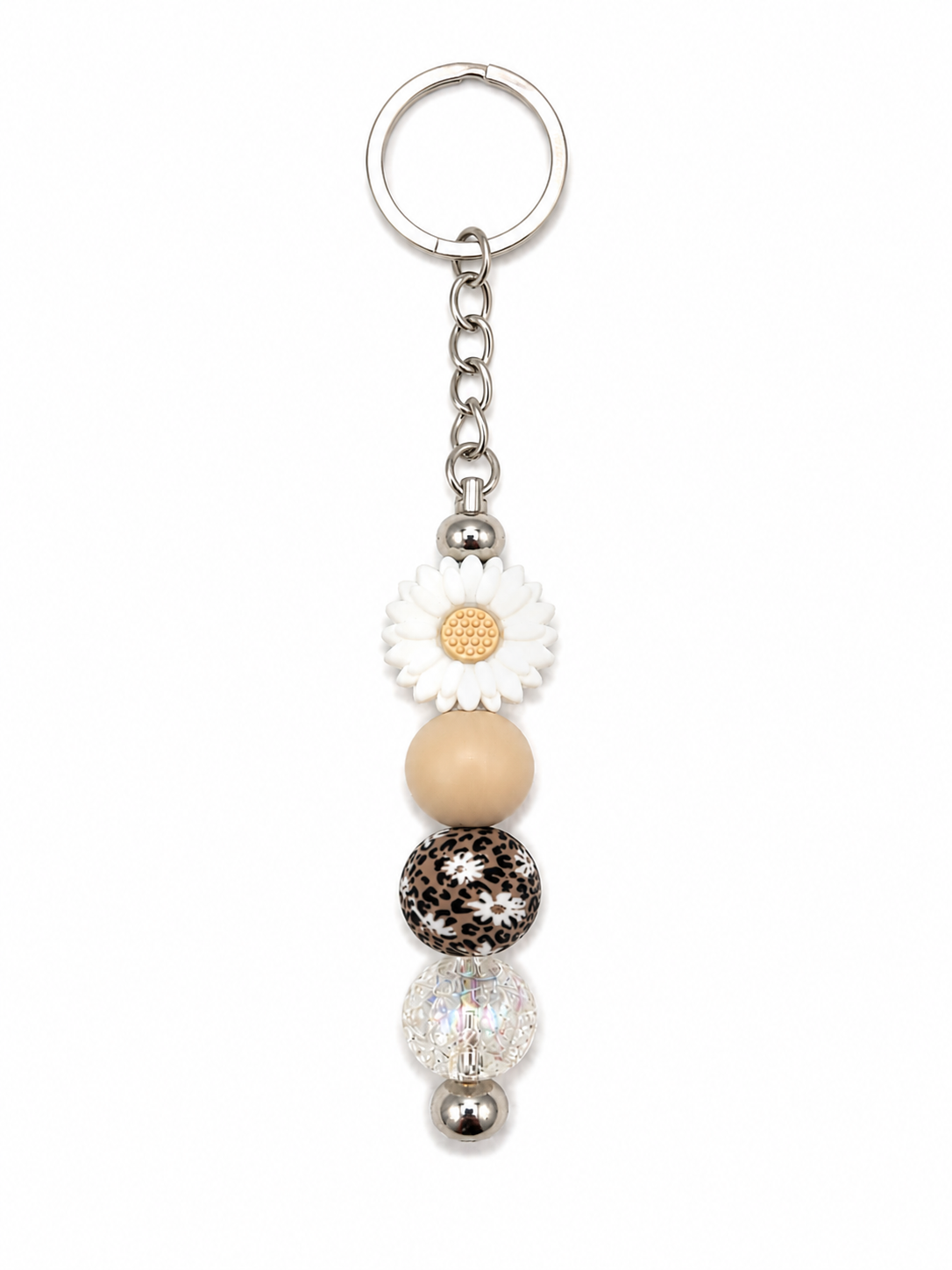 Daisy Leopard Beaded Keychain – Neutral Floral Keychain Charm