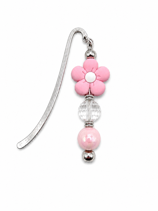Pink Flower Beaded Bookmark - Handmade Floral Bookmark Gift for Book Lovers