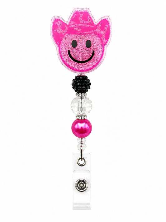 Pink Cowgirl Smiley Face - Handmade Beaded Badge Reel ID Holder