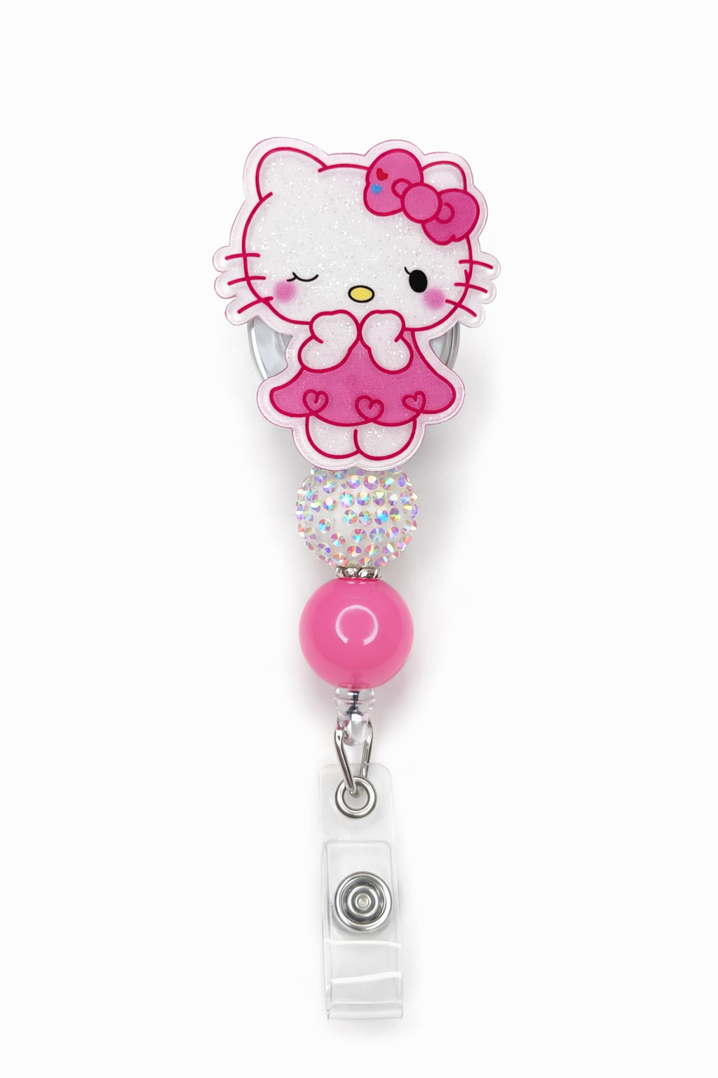 Winking Pink Kitty Badge Reel with Sparkle Bead – Cute Retractable ID Holder