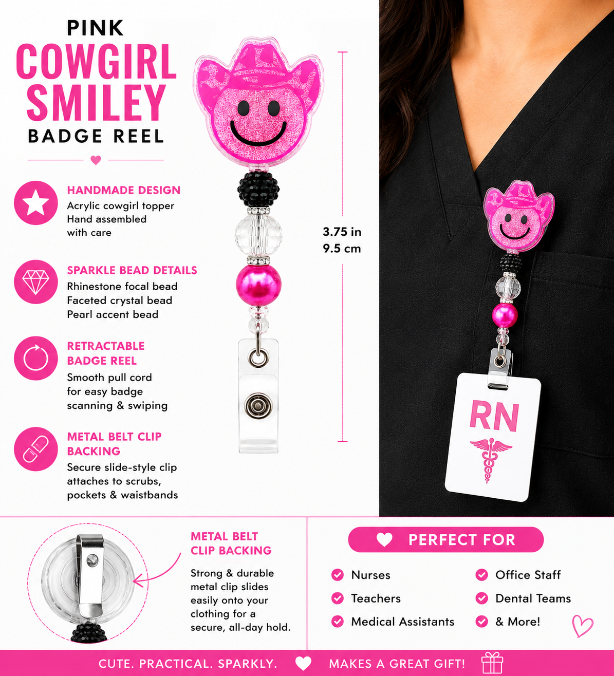 Pink Cowgirl Smiley Face - Handmade Beaded Badge Reel ID Holder