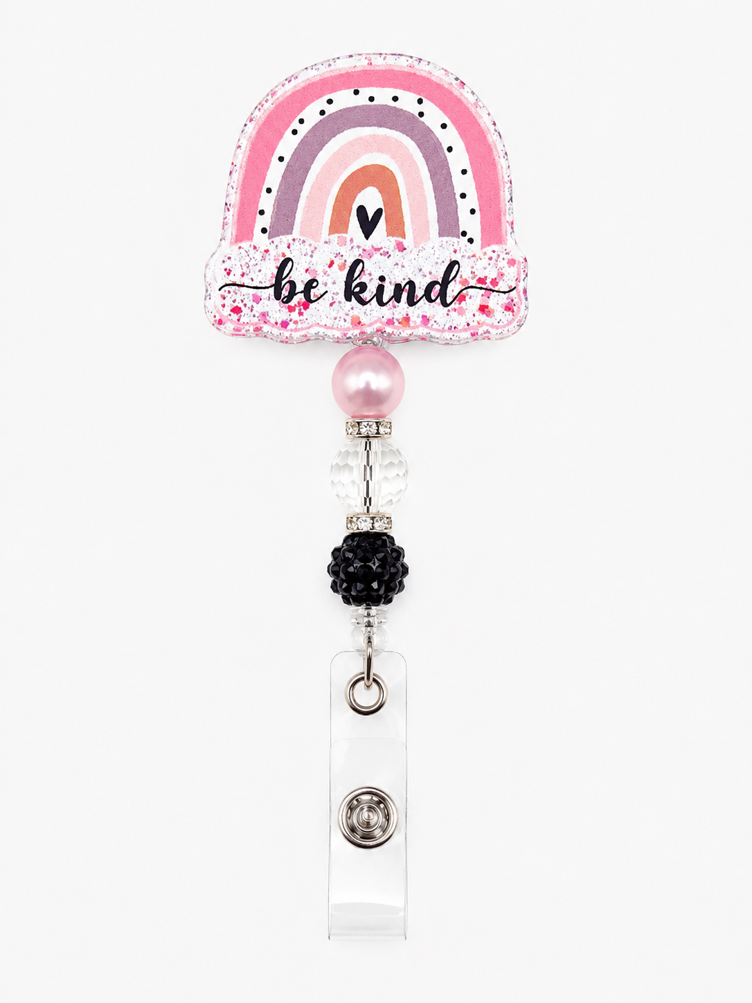 Be Kind Rainbow Badge Reel - Pink Beaded Nurse & Teacher ID Holder