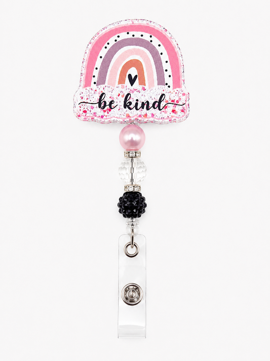 Be Kind Rainbow Badge Reel - Pink Beaded Nurse & Teacher ID Holder