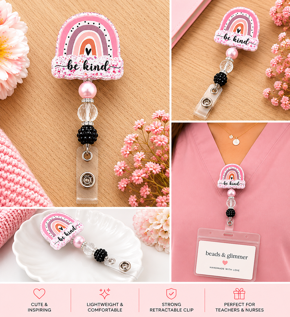 Be Kind Rainbow Badge Reel - Pink Beaded Nurse & Teacher ID Holder