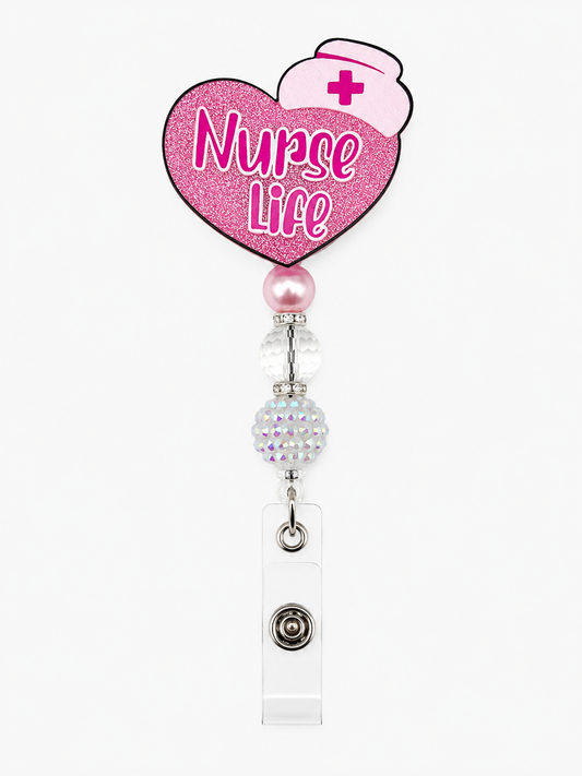 Nurse Life Pink Glitter Beaded Badge Reel with ID Holder