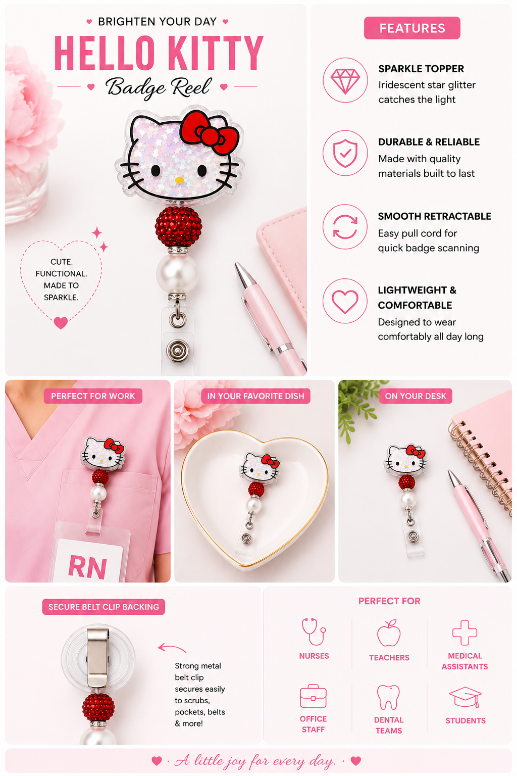 Sparkly Red Kitty Badge Reel with Pearl Bead – Cute Retractable ID Holder