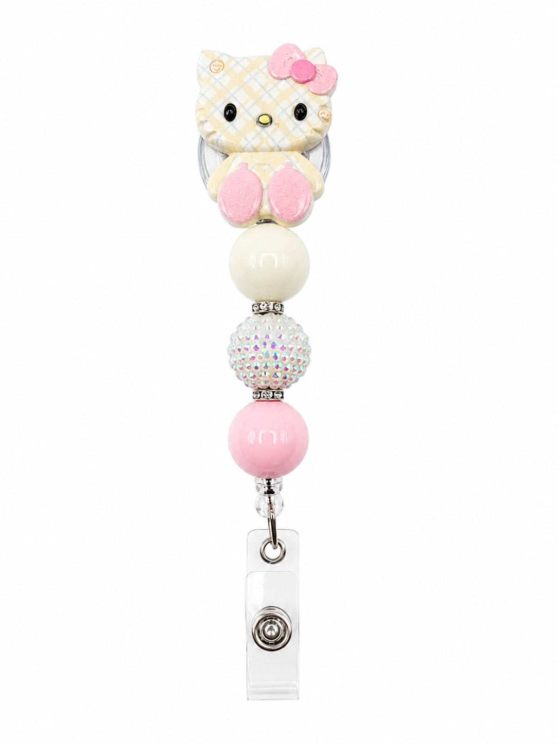 Kitty Cream Plaid Pastel Badge Reel – Pink & Ivory Beaded Design