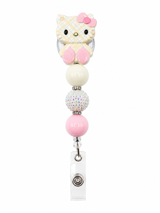 Kitty Cream Plaid Pastel Badge Reel – Pink & Ivory Beaded Design