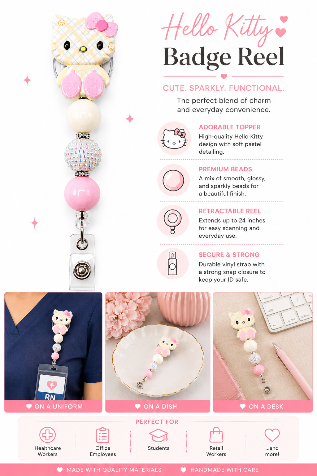 Kitty Cream Plaid Pastel Badge Reel – Pink & Ivory Beaded Design