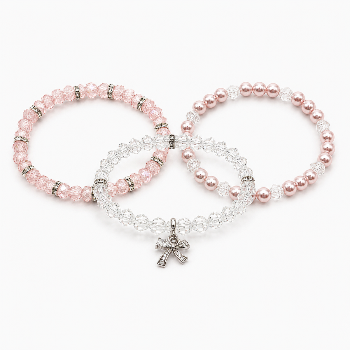 Blush Elegance Bow Charm Trio Stack Bracelet Set