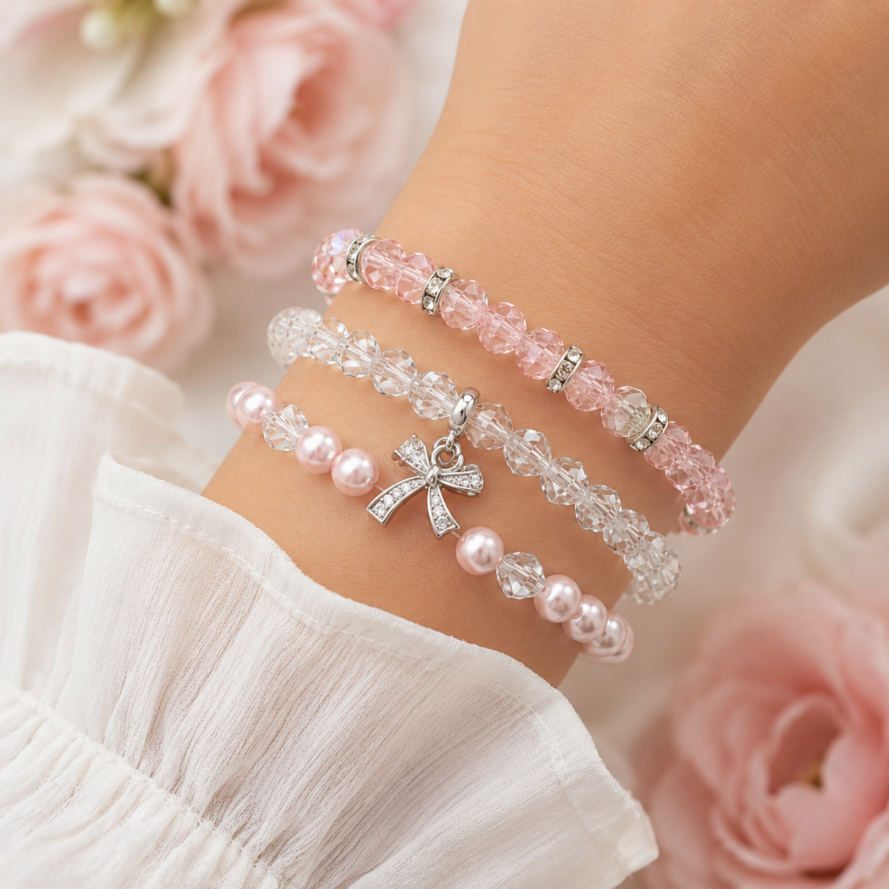 Blush Elegance Bow Charm Trio Stack Bracelet Set