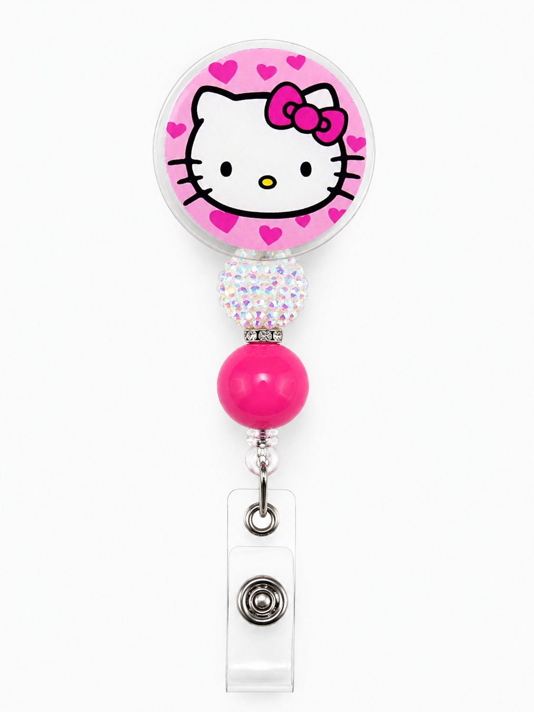 Pink Hearts Kitty Badge Reel with Sparkle Bead – Cute Retractable ID Holder