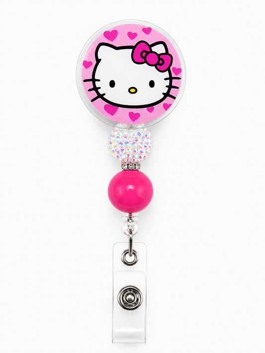 Pink Hearts Kitty Badge Reel with Sparkle Bead – Cute Retractable ID Holder