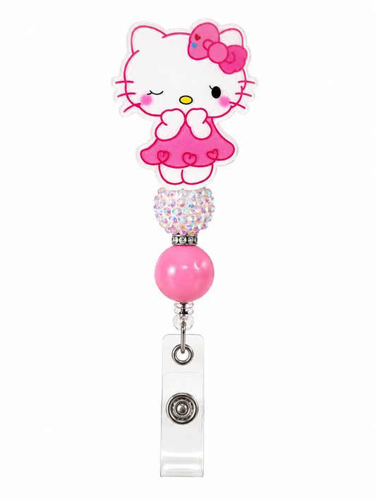 Winking Pink Kitty Badge Reel with Sparkle Bead – Cute Retractable ID Holder