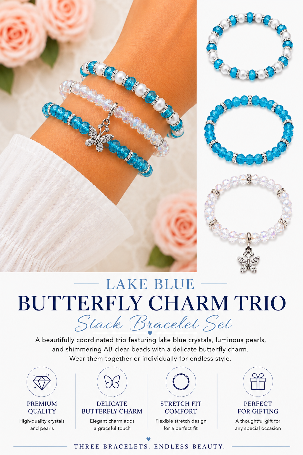 Lake Blue Butterfly Charm Trio Stack Bracelet Set