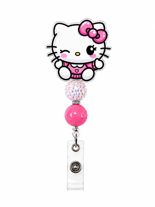 Pink Winking Kitty Badge Reel with Sparkle Bead – Cute Retractable ID Holder