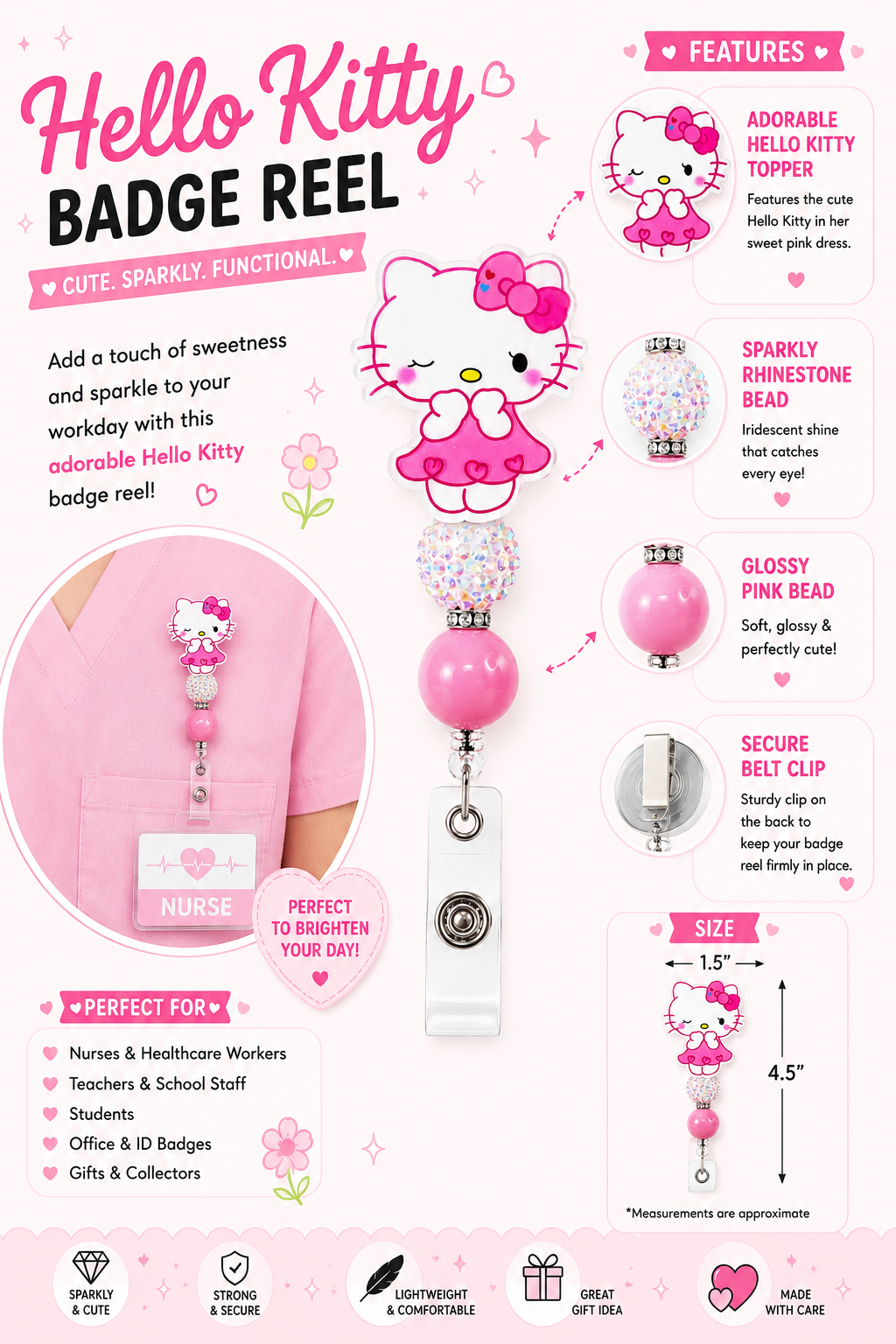 Winking Pink Kitty Badge Reel with Sparkle Bead – Cute Retractable ID Holder
