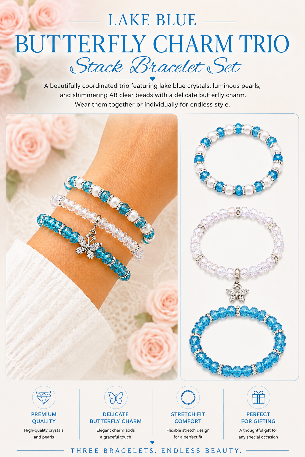 Lake Blue Butterfly Charm Trio Stack Bracelet Set