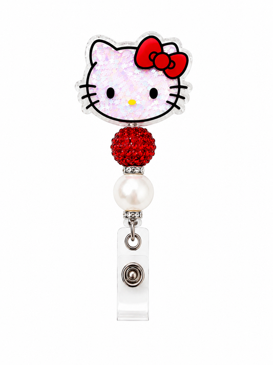 Sparkly Red Kitty Badge Reel with Pearl Bead – Cute Retractable ID Holder