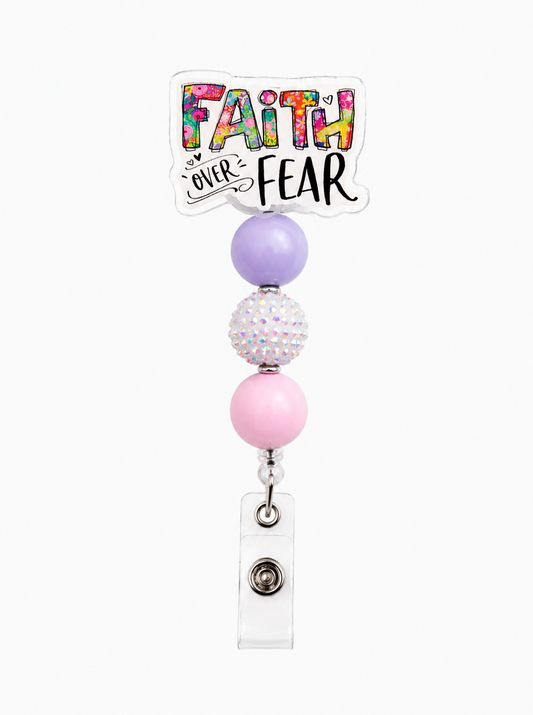 Faith Over Fear Badge Reel - Pastel Purple, White & Pink Beaded ID Holder