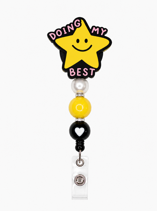Doing My Best Star Badge Reel – Yellow & Black Beaded ID Holder