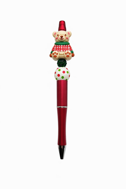 Christmas Bear Beaded Pen with Festive Plaid Topper - Cute Gift or Stocking Stuffer