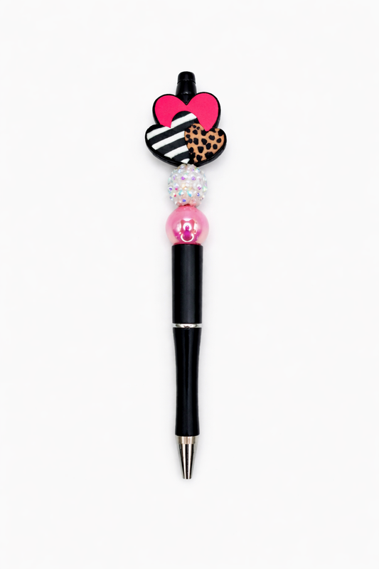 Pink Animal Print Heart Focal Beaded Pen - Sparkly White and Pink Iridescent Beads - Refillable Black Barrel Pen