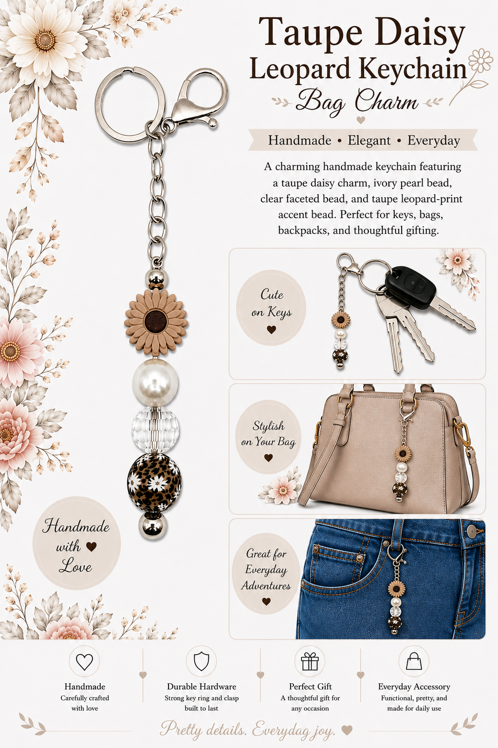 Taupe Daisy Leopard Beaded Keychain Bag Charm