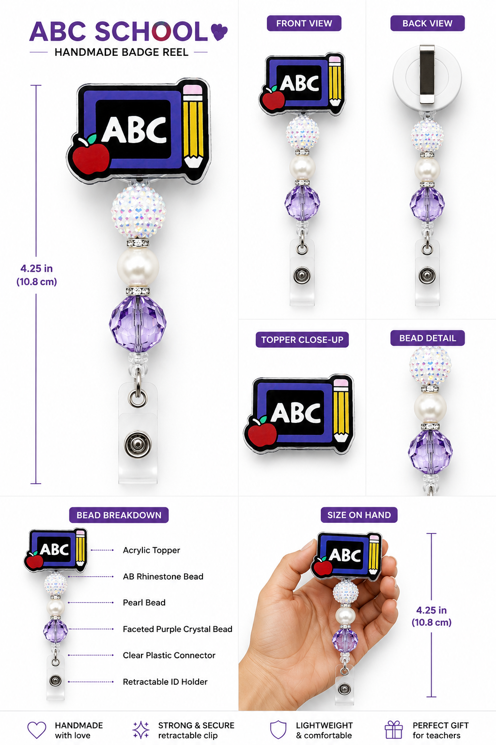 Teacher ABC Chalkboard Badge Reel – Handmade Beaded Retractable ID Holder