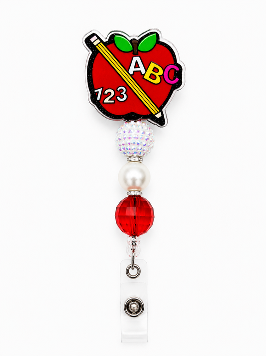 Apple ABC/123 Teacher Badge Reel - Handmade Beaded Retractable ID Holder