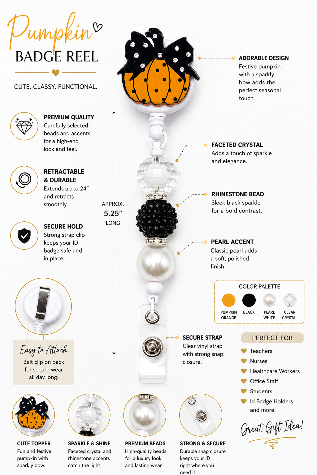 Black Bow Pearl & Crystal Beaded Pumpkin Badge Reel – Fall ID Badge Holder