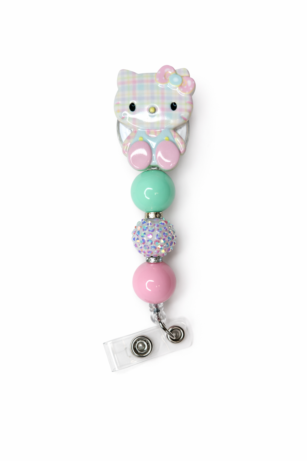 Kitty Plaid Pastel Beaded Badge Reel – Mint, Pink & Sparkle Design