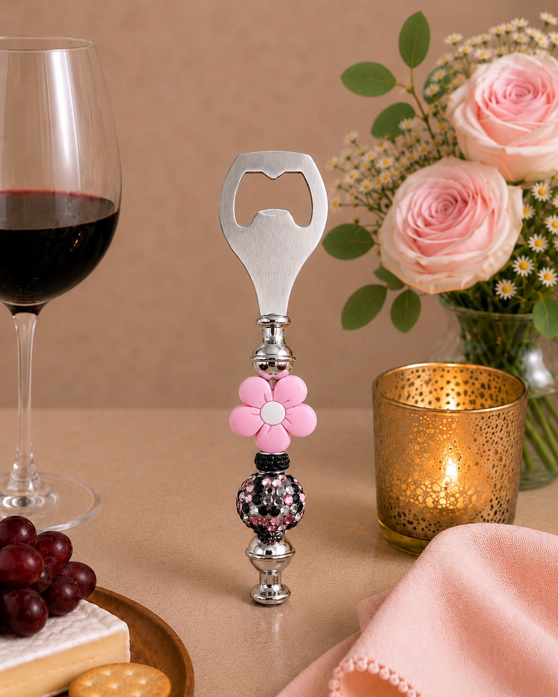 Pink Daisy Rhinestone Bottle Opener – Handmade Wine Lover Gift
