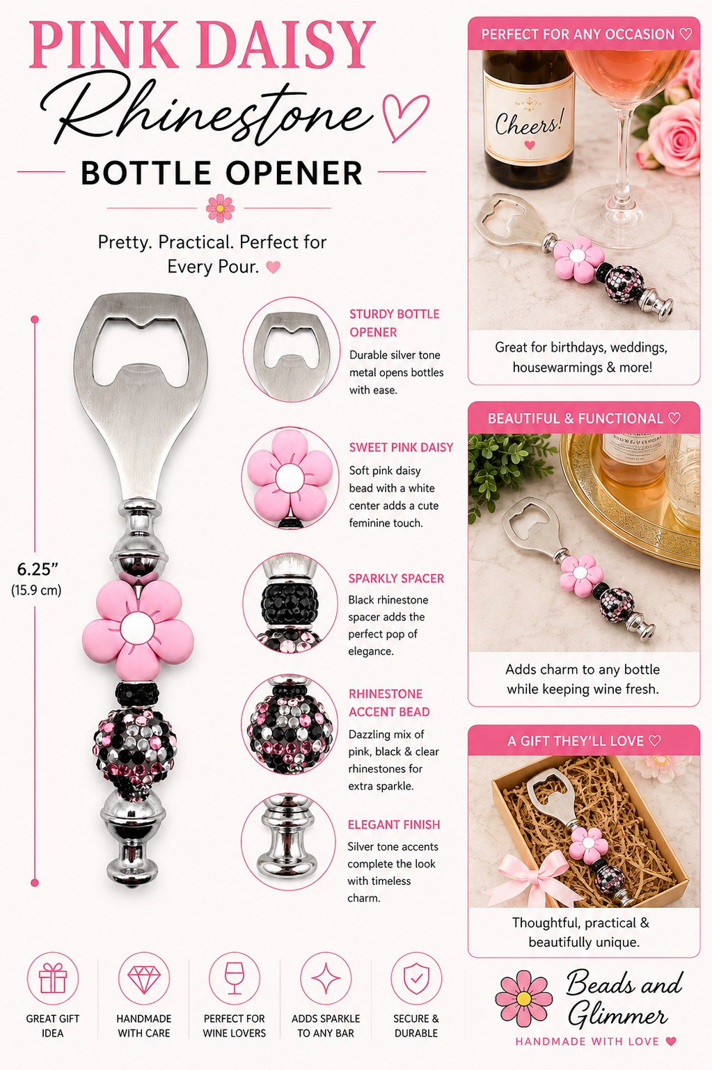 Pink Daisy Rhinestone Bottle Opener – Handmade Wine Lover Gift