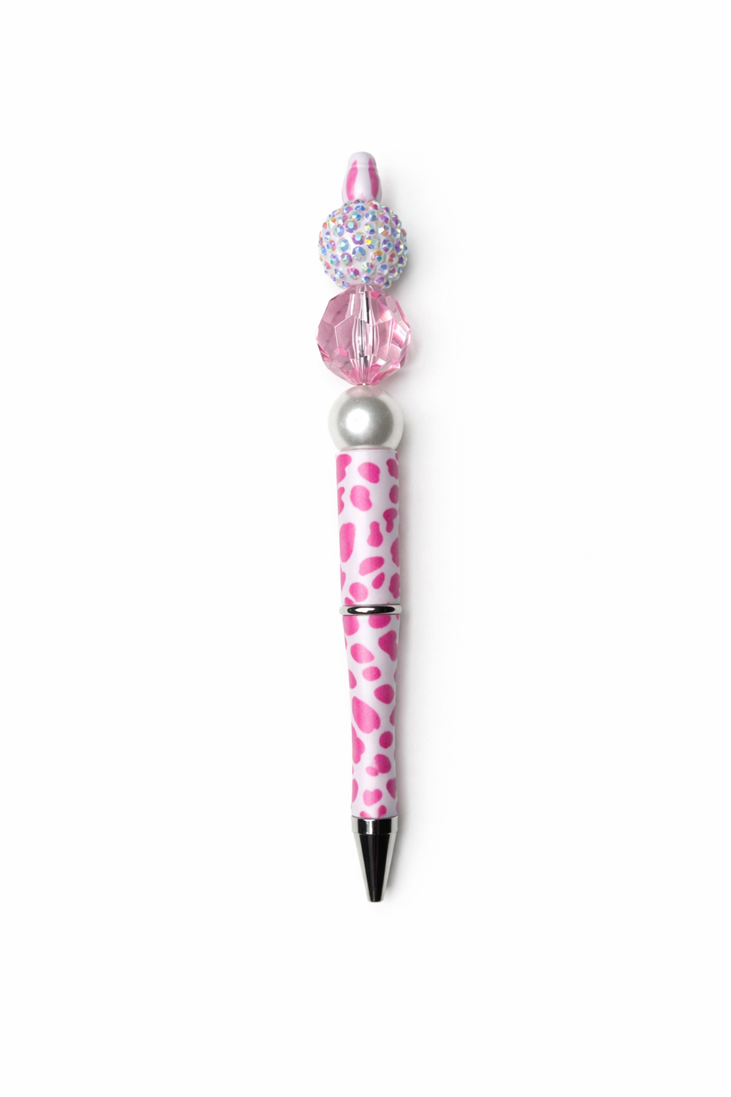 Pink Animal Print Beaded Pen with Rhinestone Ball & Faceted Crystal Accent