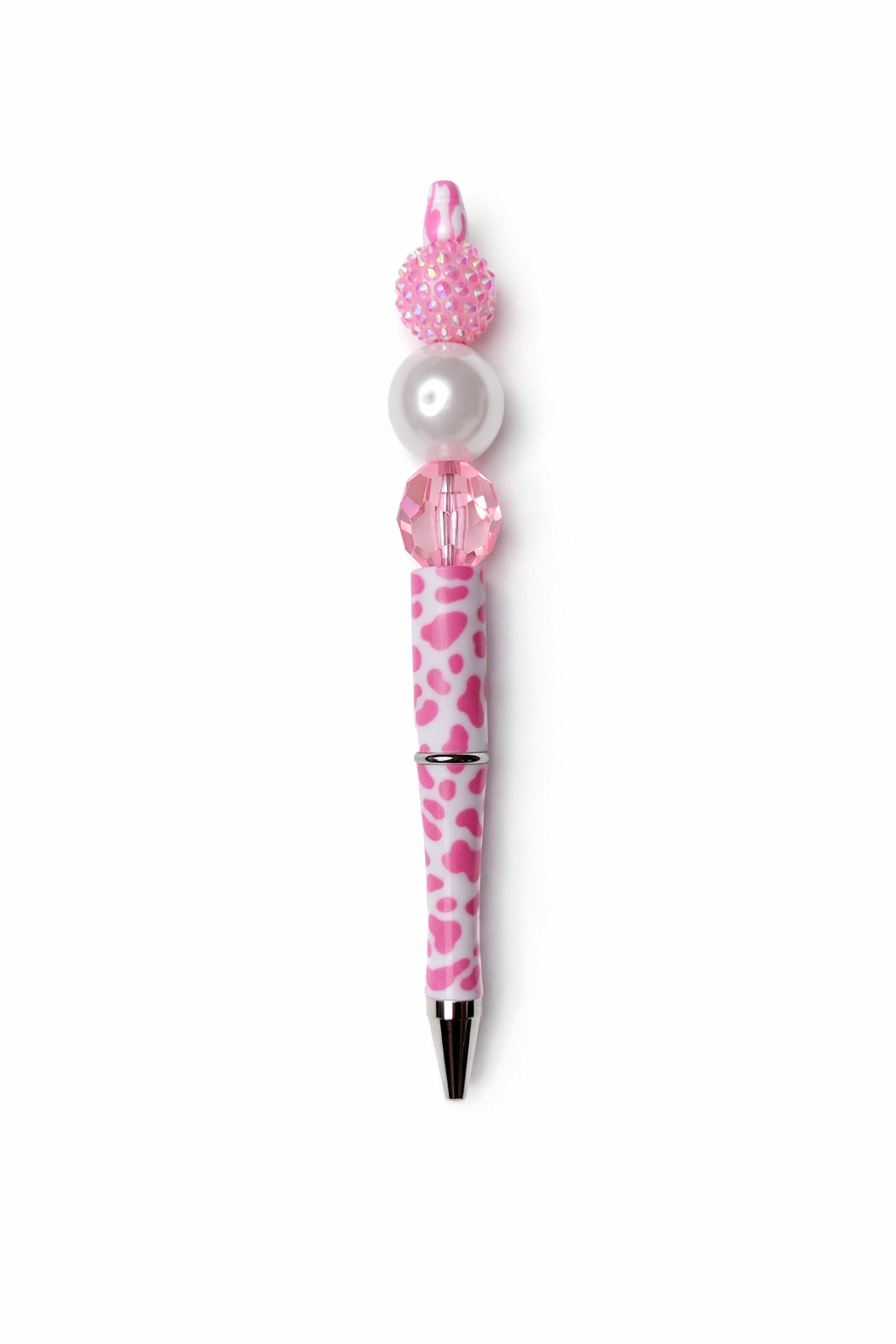 Pink Animal Print Beaded Pen with Pearl Accent & Faceted Crystal Top