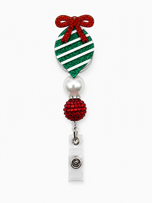 Holiday Ornament Badge Reel – Red Bow, Green Stripes & Festive Beads